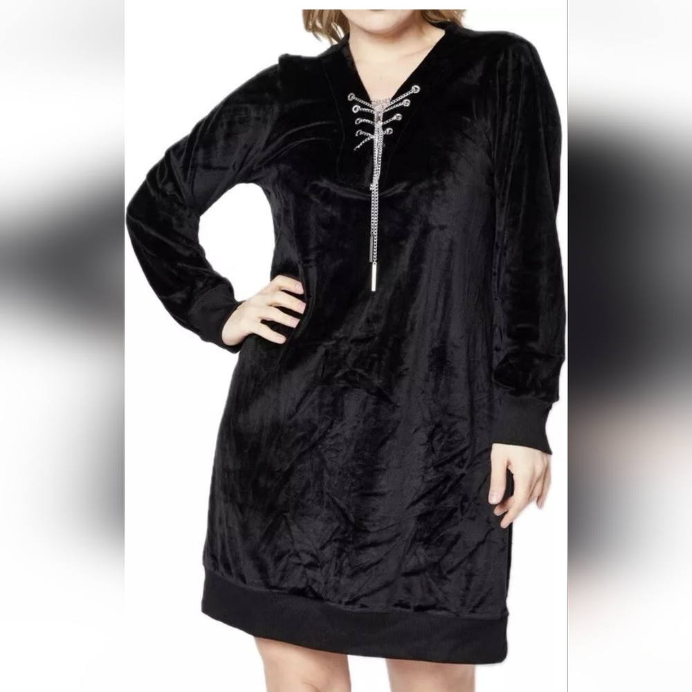 Michael Kors Velvet Black Long Sleeve V Neck Lace-Up Dress Size  Medium